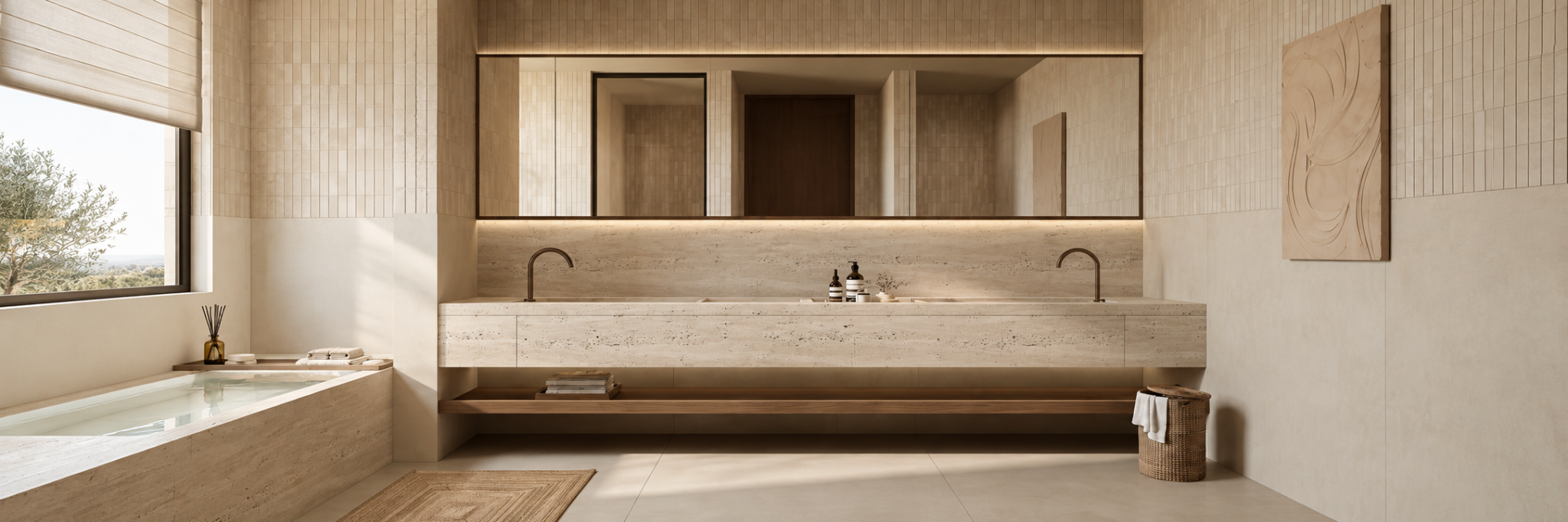 Warm stone bathroom with a double vanity, timber shelf and softly lit mirror